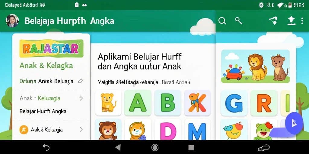 Tampilan antarmuka RAJASTAR yang menarik untuk belajar huruf dan angka.